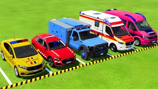 TRANSPORTING POLICE CARS FIRE DEPARTMENT AMBULANCE WITH TRUCKS  Farming Simulator 22 [upl. by Ellwood]