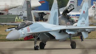 Sukhoi Su35 quotFlankerquot supermaneuverable aircraft takeoff and aerobatics [upl. by Mellins]