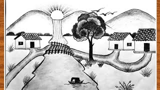 Prakritik Drishya Drawing  How To Draw Village scenery with sunset Landscape drawing with pencil [upl. by Anaele]