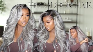 Voluminous Silver Highlighted Wig with Dark Roots for BROWN SKIN MegalookHair [upl. by Casar938]