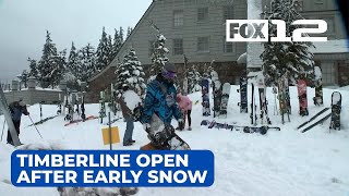 Timberline Lodge open after early snow to delight of skiers business owners [upl. by Dorej323]