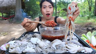 Mukbang octopus boiled with chili sauce  Eating and cooking octopus [upl. by Yelrihs]