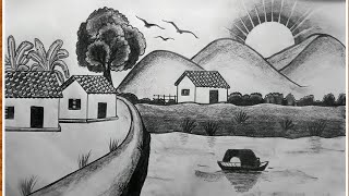 Prakritik Drishya Drawing  How To Draw Village Scenery with Sunset  Landscape drawing with pencil [upl. by Odrawde748]