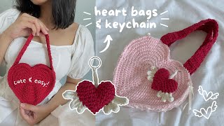 how to crochet heart bag amp keychain with wings amp ribbons  beginnerfriendly tutorial [upl. by Albers604]