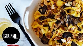 Farfalle with chestnut mushrooms and almonds  Gourmet Traveller [upl. by Ralat]