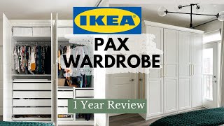 IKEA PAX Wardrobe  1 Year Review  REAL LIFE Closet Tour  What I would do differently [upl. by Yleek]