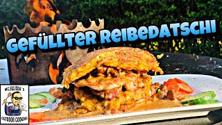 170  Gefüllter Reibedatschi von der Grillplatte  aus Rösti Hüftsteak und Rahmpfifferlingen [upl. by Ecilahs244]