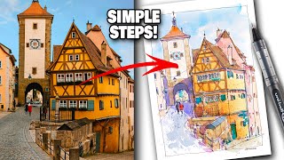 URBAN SKETCHING Tutorial Rothenburg  Simple StepbyStep For Beginners [upl. by Sumer]