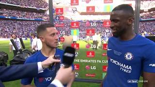 quotEden Hazard please stayquot 🤣 Rudiger and Hazards brilliant interview after wining the FA Cup [upl. by Atsahs]