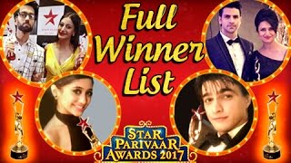 Star Parivaar Awards 2017 Winners List  DIVYANKA  MOHSIN  SURBHI  SHIVANGI  TellyMasala [upl. by Glaser]