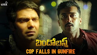 Bandobast Movie Scene Telugu  Cop Falls in Gunfire  Suriya  Arya  Sayyeshaa  Lyca [upl. by Akinohs498]