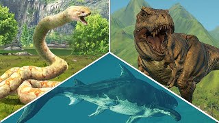 T REX VS TITANOBOA SNAKE VS MEGALODON SHARK BATTLE  WHO WOULD WIN  JURASSIC WORLD EVOLUTION 2 [upl. by Connel]