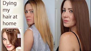 Dying my hair from blonde to brown at home box dye [upl. by Eanwahs360]