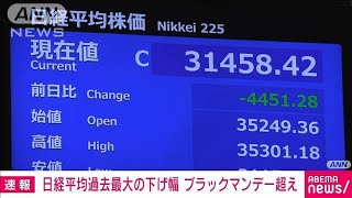 【速報】日経平均株価終値 先週末比4451円安で過去最大の下げ幅 米国景気不安と円高で2024年8月5日 [upl. by Yllus]