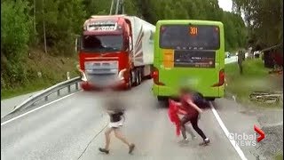 Incredible near miss of child as truck driver slams on brakes [upl. by Okika]