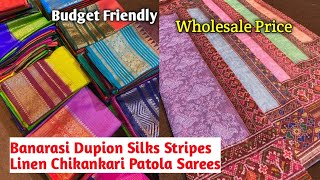 Special Semi Dupion Silk Stripe Banarasi Saree Linen Chikankari Patola Boder Sarees [upl. by Broida927]