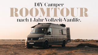 Campervan Roomtour  so leben wir seit 1 Jahr Vollzeit in unserem DIY VW Crafter Camper [upl. by Say]