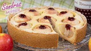 Bratapfelkuchen mit Marzipan und Preiselbeeren  einfaches Rezept für eine 26 cm Form  Apfelkuchen [upl. by Mieka]