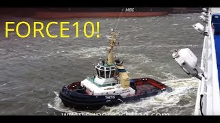 TUGBOATS assisting a cruise ferry in a FORCE 10 storm [upl. by Cortie]