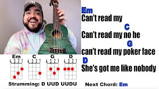 POKER FACE  Lady Gaga Ukulele Play Along with Chords and Lyrics [upl. by Gudren]