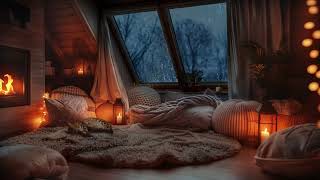 Rainy Attic Retreat  Cozy Space with Sleeping Cat and Fireplace [upl. by Oretos]