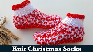 Knit Christmas Slipper Socks on Two Needles  Knit Santa Socks on Two Needles [upl. by Karlan568]