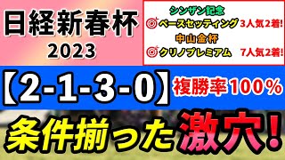 【日経新春杯2023】「2130」複勝率100％！条件揃った激穴候補はコレ！中山金杯は激走期待馬クリノプレミアムが7人気2着！ [upl. by Zapot]