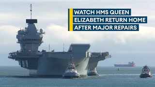 HMS Queen Elizabeth returns to Portsmouth after months of repairs [upl. by Crispa]