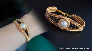 Twisted herringbone beaded bracelet How to make pearl bracelet Beading tutorial [upl. by Neelear887]