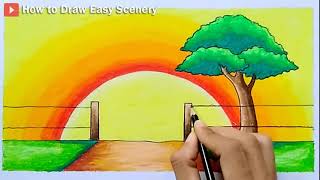 How to Draw Easy Scenery of Sunset in the Hills  Super Simple Nature Scenery Drawing Step by Step [upl. by Enilrac]