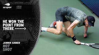 Jannik Sinner Wins UNBELIEVABLE Point After Falling Over  2024 US Open [upl. by Pellegrini]