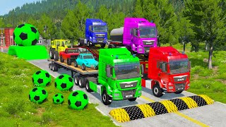 Double Flatbed Trailer Truck vs Speedbumps Train vs Cars BeamngDrive 7 [upl. by Norab816]