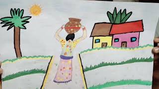 Kids Scenery  Kids Drawing  Scenery  Kids Village Drawing  Art drawing kids colouring [upl. by Yknarf]