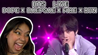 BTS DOPE​ X​ BAEPSAE​ X FIRE X RUN​ LIVE  FIRST TIME REACTION🥵 [upl. by Noevart167]