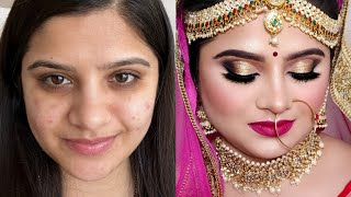 INDIAN BRIDAL MAKEUP for ACNE PRONE SENSITIVE SKIN Gold Glitter Cut Crease [upl. by Constancia787]