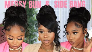 HIGH MESSY BUN AND SIDE BANG HAIR TUTORIAL  STEP BY STEP TUTORIAL  Chev B [upl. by Ydnolem824]