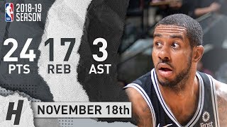 LaMarcus Aldridge Full Highlights Spurs vs Warriors 20181118  24 Pts 3 Ast 17 Rebounds [upl. by Kolodgie]