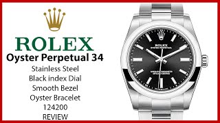 ▶ Rolex Oyster Perpetual 34 Stainless Steel Black Index Dial amp Smooth Bezel Oyster 124200  REVIEW [upl. by Lanti]