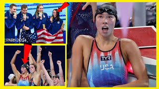 USA breaks world record wins swimming Olympic gold in womens medley relayjapenese reporter [upl. by Naehs]