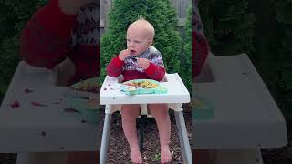 Young Boy Eats Jagerschnitzel and Cabbage baby food bavaria [upl. by Langdon]