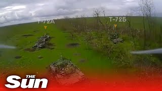 Ukrainian Kamikaze drone crashes into Russian tanks in huge blast [upl. by Morrison774]