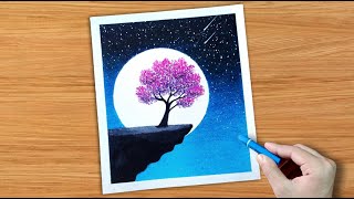 Drawing with oil pastel  Moonlight night scenery drawing shorts [upl. by Nyladnor]