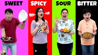 SWEET SPICY SOUR BITTER  Funny eating challenge with family  Aayu and Pihu Show [upl. by Yclehc]