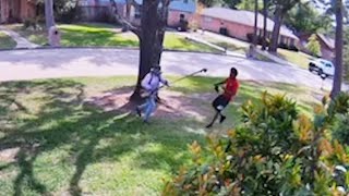 VIDEO Texas lawn worker uses weed eater to go after robbery suspects [upl. by Kellene744]