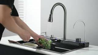 Gold Multifunctional Kitchen Waterfall Sink Digital Display Large Single [upl. by Nnairb356]