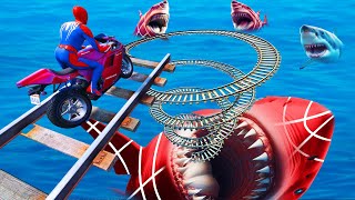 الأبطال الخارقين على القضبان دوامة قمع جسر  SPIDERMANon Motorcycle in Spiral Bridge Stunt Ride [upl. by Anaejer]