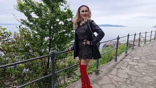 Granate Styling walking in public touristic sightseeing Opatija Croatia thigh high boots [upl. by Aruasi]