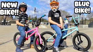 NEW Pink and Blue Bikes at the Skatepark [upl. by Eerehc]