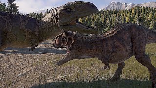 TARBOSAURUS VS CARNOTAURUS LARGE VS MEDIUM CARNIVORE  Jurassic World Evolution 2 [upl. by Tasha182]