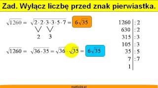 Wyłączanie liczby przed znak pierwiastka  Pierwiastki  Matfiz24pl [upl. by Lopes]